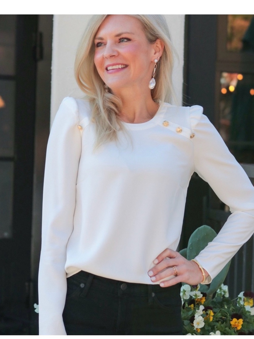 Amanda Uprichard White Long-Sleeve Top with Gold Shoulder Buttons
